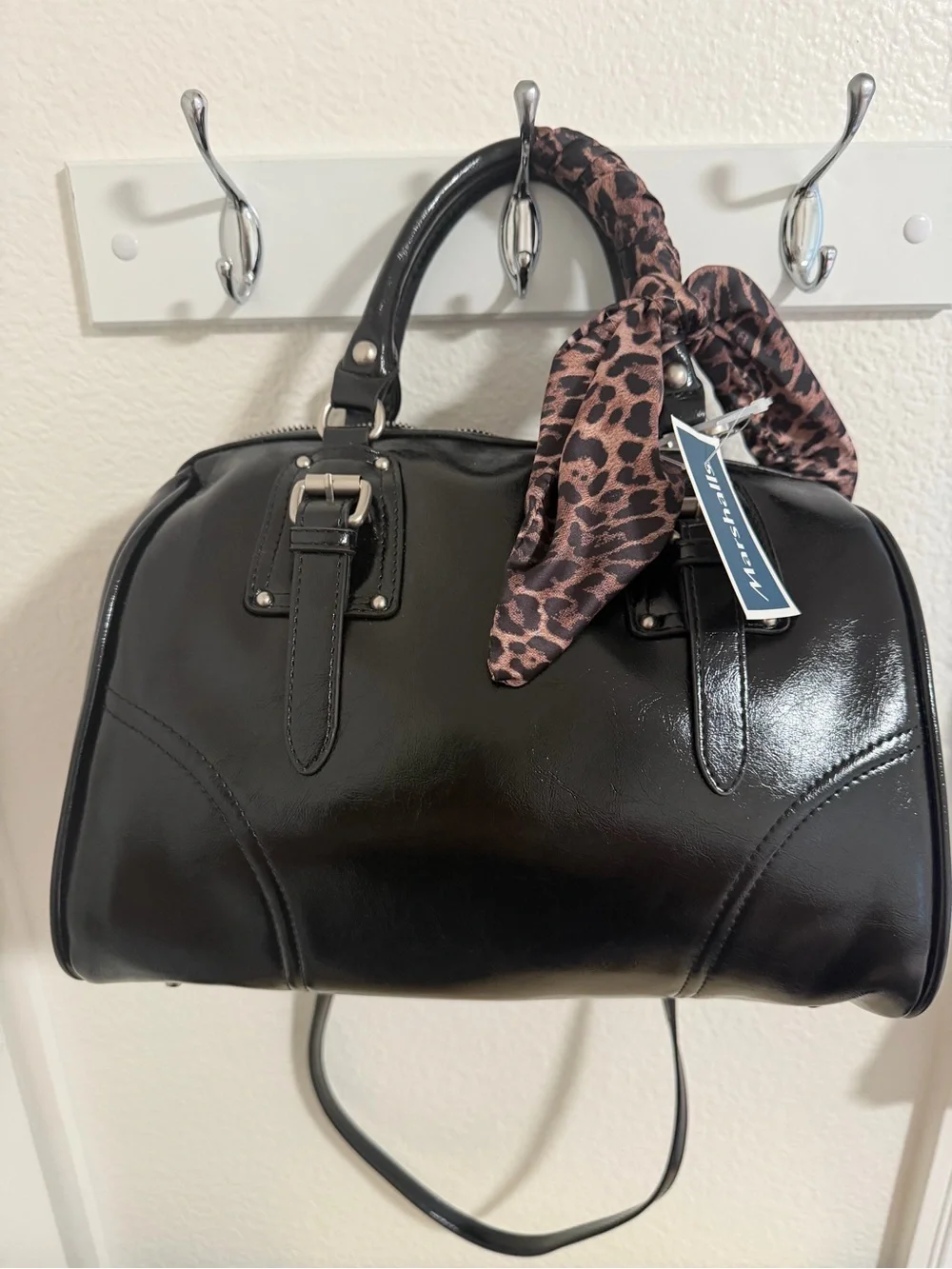 Steve Madden Black Patent Leather Satchel with Leopard Scarf